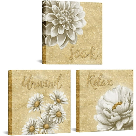 3 Pieces Bathroom Picture Wall ArtRelax Unwind Soak Yellow and White Bathroom Sign for Bedroom Spa Wash Room Decor Ready to Hang 12x12inchx3pcs