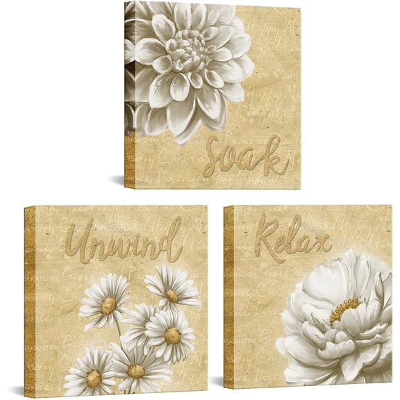 3 Pieces Bathroom Picture Wall ArtRelax Unwind Soak Yellow and White Bathroom Sign for Bedroom Spa Wash Room Decor Ready to Hang 12x12inchx3pcs