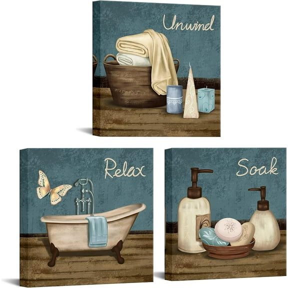 3 Pieces Bathroom Pictures Wall Decorations Relax Unwind Soak Sign Prints on Canvas Spa Painting Artwork for Modern Home Washroom Toilet Stretched and Framed Ready to Hang