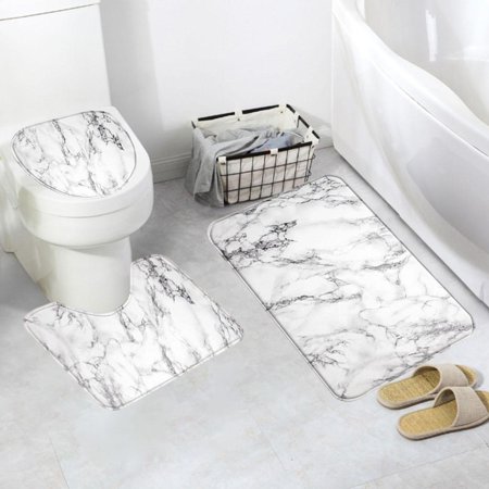 3 Pieces Bathroom Rug Set Bathroom Decoration Machine Washable with Toilet Lid Cover Anti Skid U Shape Toilet Rug White Gray