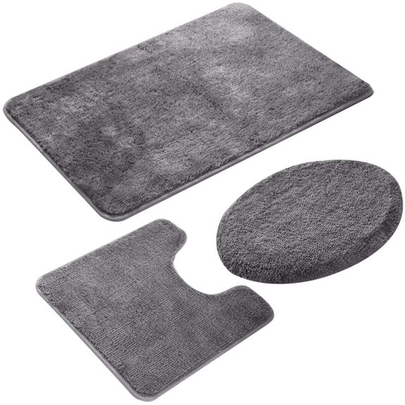3 Pieces Bathroom Rug Set, Non-Slip Bath Mats for Floors, Ultra Soft Absorbent and Comfortable U-Shaped Contour Rug, Floor Mat and Toilet Lid Cover(Grey)