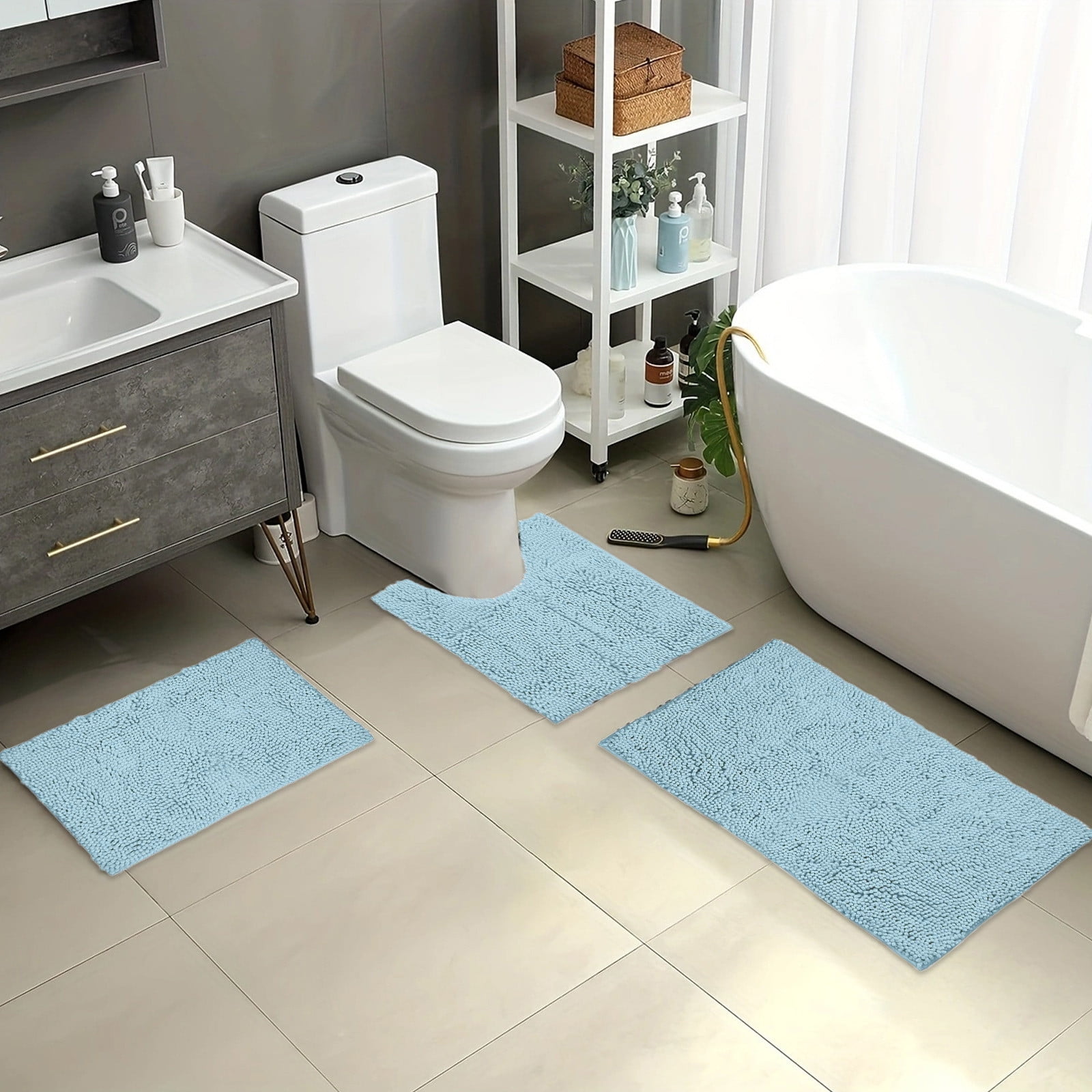 3 Pieces Bathroom Rugs Non Slip Bath Mat Set Washable Chenille Bath Rugs with PVC Backing Bath ...