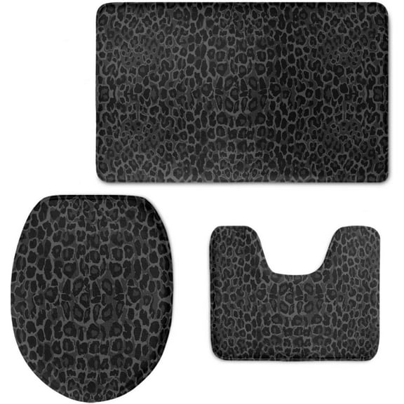 3 Pieces Bathroom Rugs Set, Black Leopard Print, Toilet Seat Cover+ Contour Mat+ Flannel Bath Rug, Bathroom Decor