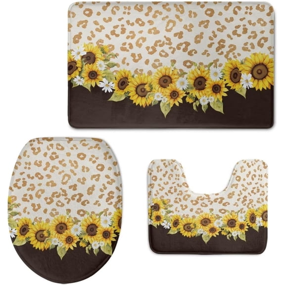 3 Pieces Bathroom Rugs Set - Sunflower Leopard Print Non Slip Soft Flannel Bath Mat+ Contour Mat+ Toilet Lid Cover