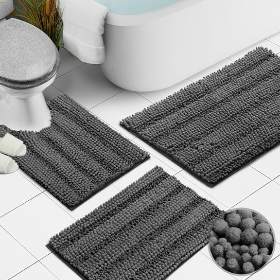 3 Pieces Bathroom Rugs Set Ultra Soft Non Slip and Absorbent Chenille Bath Rug, Gray Plush Bath Mats for Tub, Shower, Bathroom