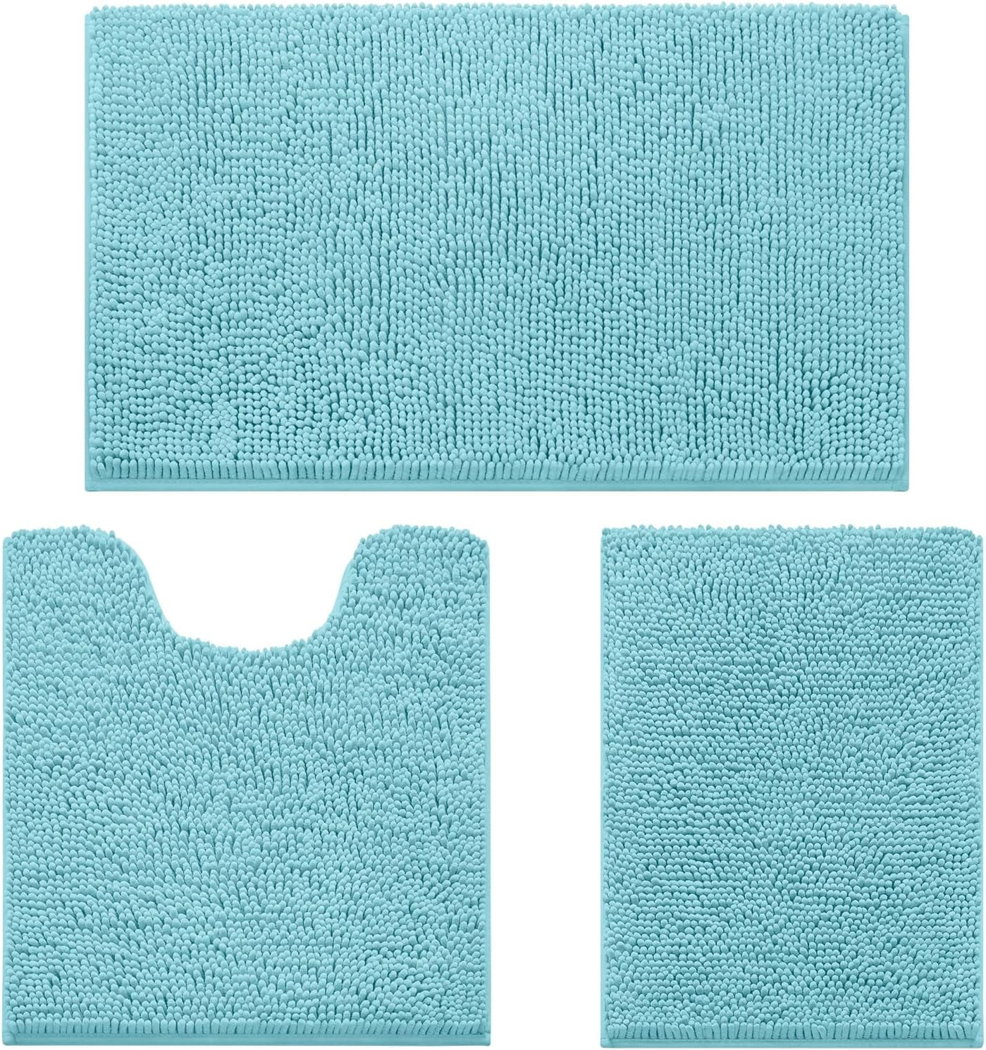 3 Pieces Bathroom Rugs, Ultra Soft Non Slip Absorbent Chenille Toilet Bath Mat Set (Aqua Blue)