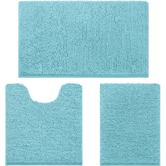 3 Pieces Bathroom Rugs, Ultra Soft Non Slip Absorbent Chenille Toilet Bath Mat Set (Aqua Blue)