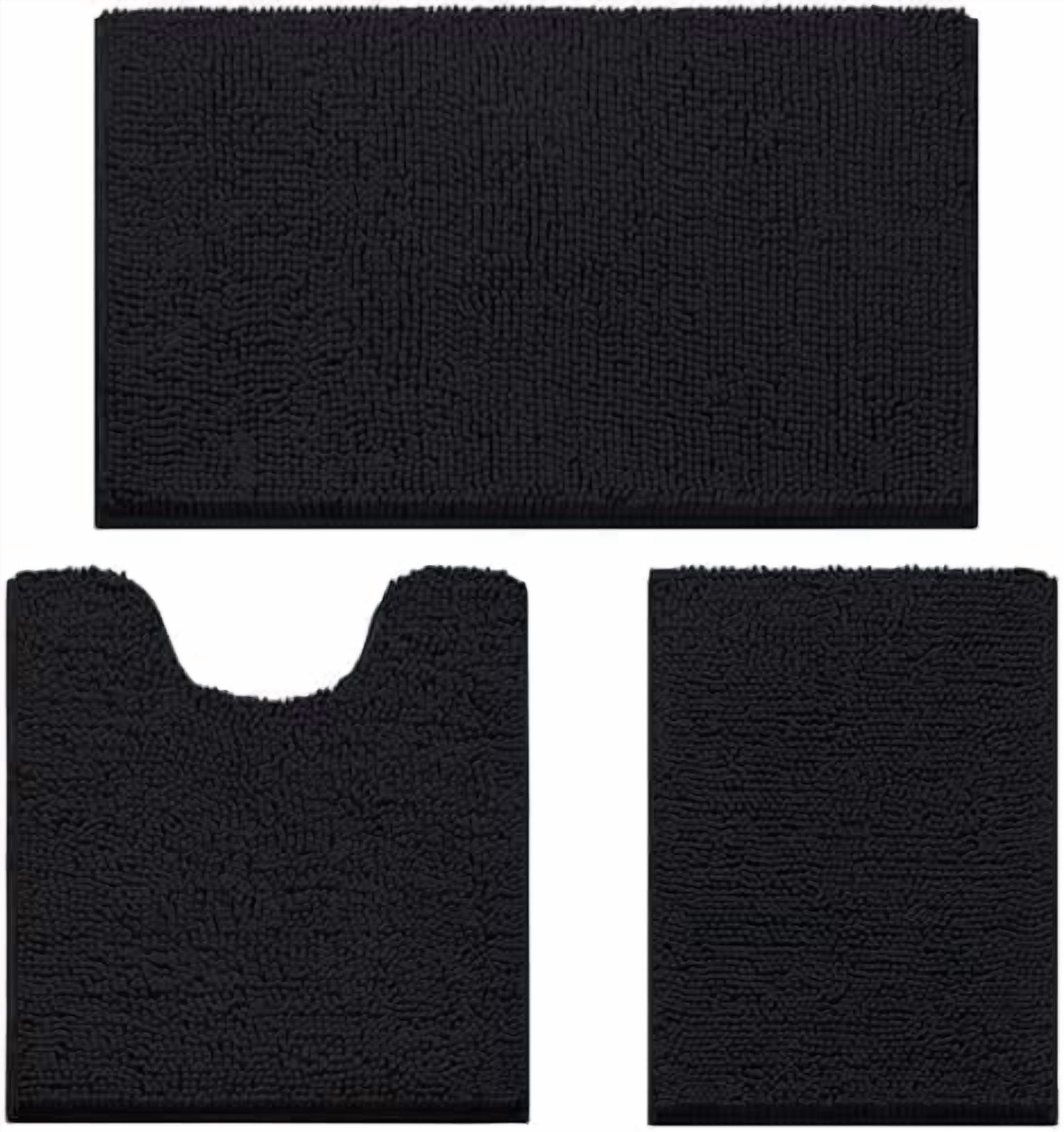 3 Pieces Bathroom Rugs, Ultra Soft Non Slip Absorbent Chenille Toilet Bath Mat Set (Black)
