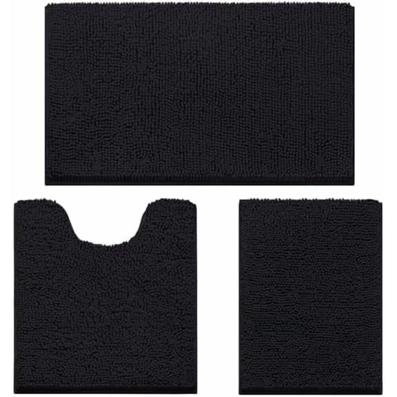 3 Pieces Bathroom Rugs, Ultra Soft Non Slip Absorbent Chenille Toilet Bath Mat Set (Black)