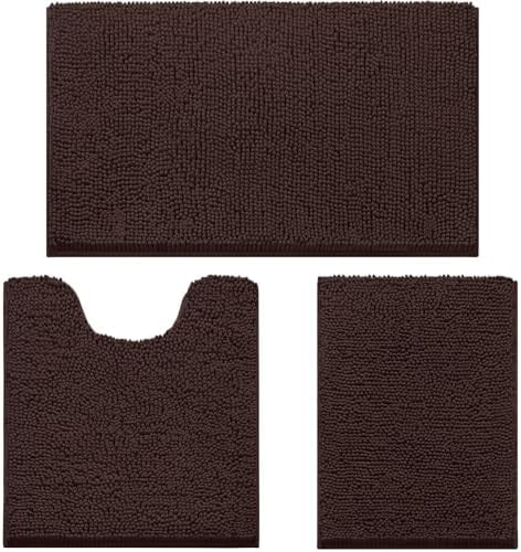 3 Pieces Bathroom Rugs, Ultra Soft Non Slip Absorbent Chenille Toilet Bath Mat Set (Brown)