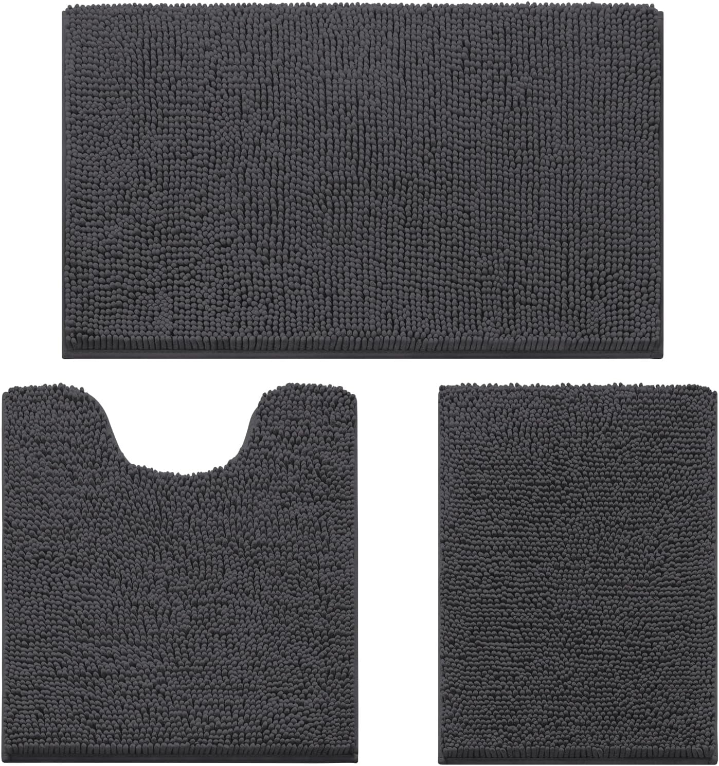 3 Pieces Bathroom Rugs, Ultra Soft Non Slip Absorbent Chenille Toilet Bath Mat Set (Charcoal/Dark Grey)