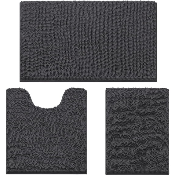 3 Pieces Bathroom Rugs, Ultra Soft Non Slip Absorbent Chenille Toilet Bath Mat Set (Charcoal/Dark Grey)