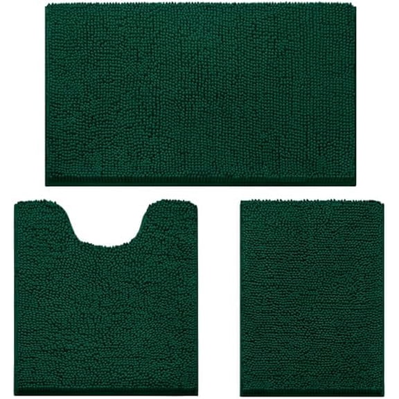 3 Pieces Bathroom Rugs, Ultra Soft Non Slip Absorbent Chenille Toilet Bath Mat Set (Dark Green)
