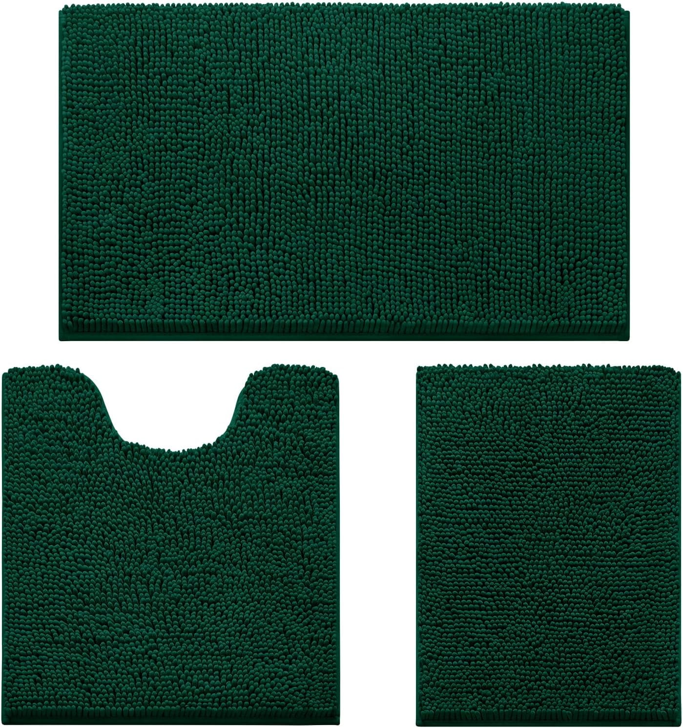 3 Pieces Bathroom Rugs, Ultra Soft Non Slip Absorbent Chenille Toilet Bath Mat Set (Dark Green)