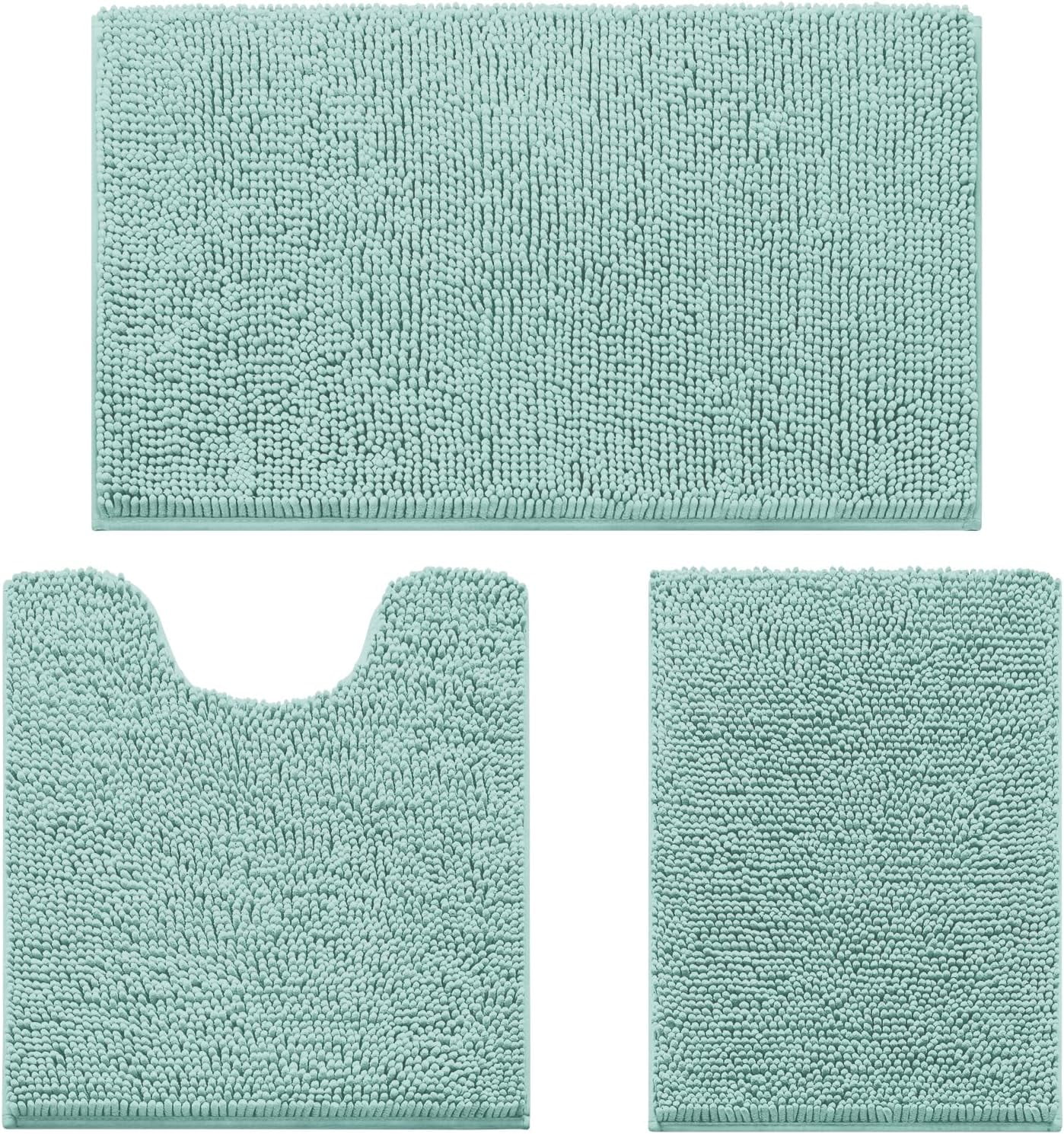 3 Pieces Bathroom Rugs, Ultra Soft Non Slip Absorbent Chenille Toilet Bath Mat Set (Eggshell Blue)