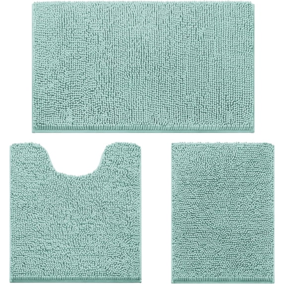 3 Pieces Bathroom Rugs, Ultra Soft Non Slip Absorbent Chenille Toilet Bath Mat Set (Eggshell Blue)
