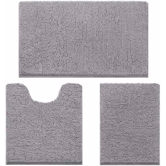 3 Pieces Bathroom Rugs, Ultra Soft Non Slip Absorbent Chenille Toilet Bath Mat Set (Grey)