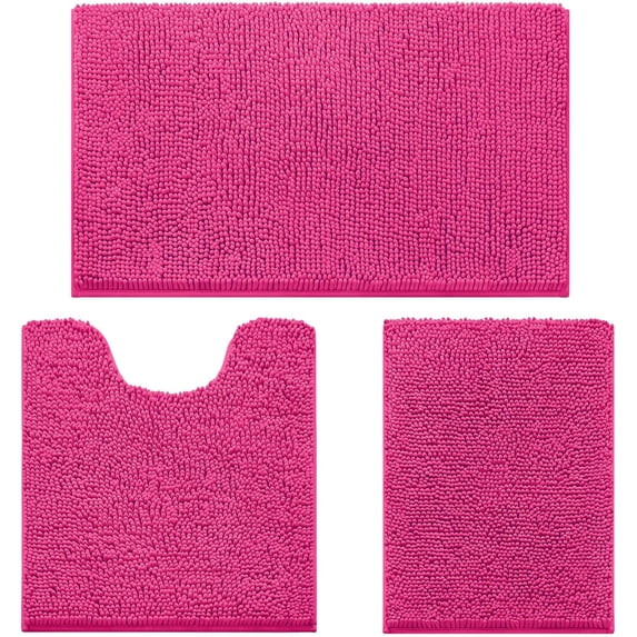 3 Pieces Bathroom Rugs, Ultra Soft Non Slip Absorbent Chenille Toilet Bath Mat Set (Hot Pink)