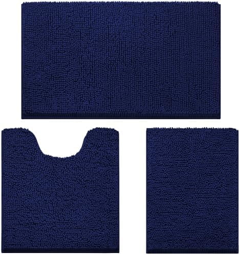 3 Pieces Bathroom Rugs, Ultra Soft Non Slip Absorbent Chenille Toilet Bath Mat Set (Navy Blue)