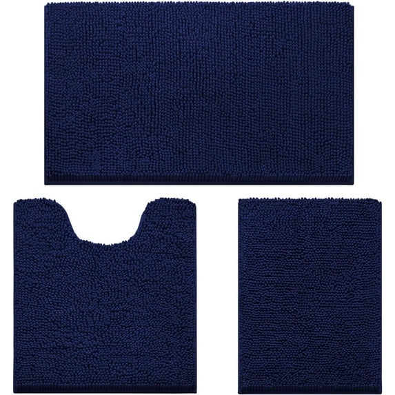 3 Pieces Bathroom Rugs, Ultra Soft Non Slip Absorbent Chenille Toilet Bath Mat Set (Navy Blue)