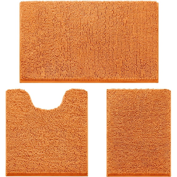 3 Pieces Bathroom Rugs, Ultra Soft Non Slip Absorbent Chenille Toilet Bath Mat Set (Orange)