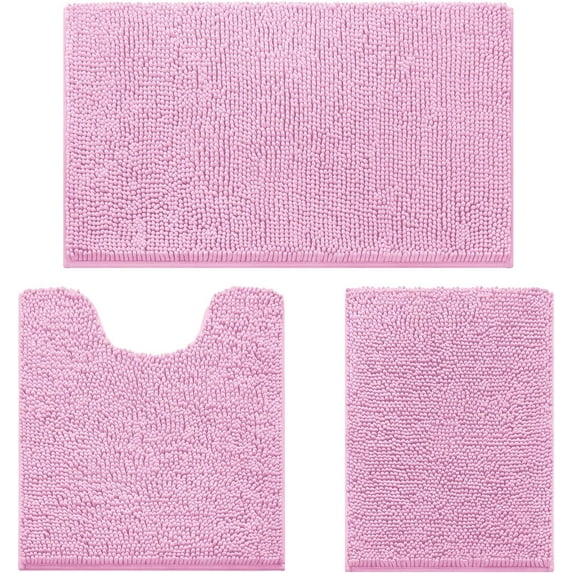 3 Pieces Bathroom Rugs, Ultra Soft Non Slip Absorbent Chenille Toilet Bath Mat Set (Pink)
