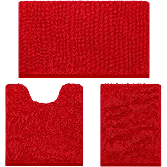3 Pieces Bathroom Rugs, Ultra Soft Non Slip Absorbent Chenille Toilet Bath Mat Set (Red)