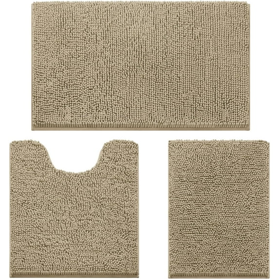 3 Pieces Bathroom Rugs, Ultra Soft Non Slip Absorbent Chenille Toilet Bath Mat Set (Taupe)