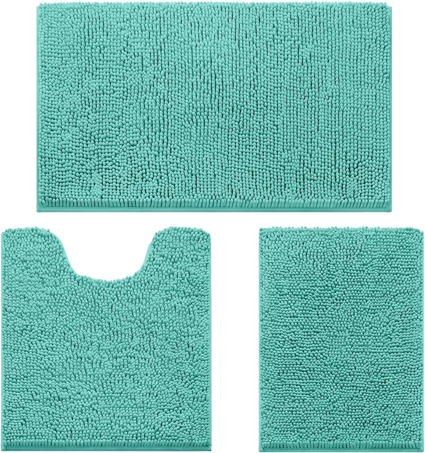 3 Pieces Bathroom Rugs, Ultra Soft Non Slip Absorbent Chenille Toilet Bath Mat Set (Turquoise)