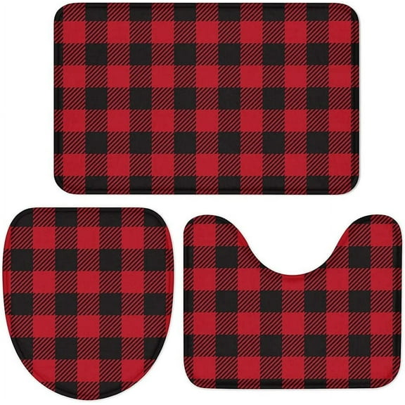 3 Pieces Bathroom Rugs and Mats Sets Non Slip Water Absorbent Bath Rug Toilet Seat/Lid Cover U-Shaped Toilet Red and Black