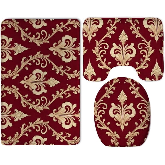 3 Pieces Bathroom Set, Absorbent Non Slip Bath Rug Flower Maroon Gold Floral Classy Burgundy Antique U-Shaped Contour Rug Washable Quick Drying Toilet Seat Cover