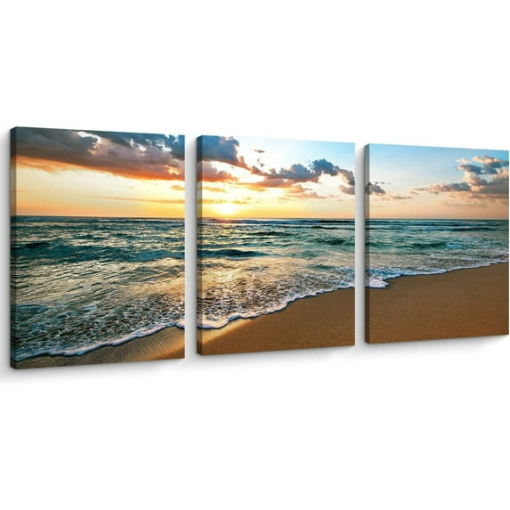 3 Pieces Beach Canvas Wall Art, Ocean Landscape Canvas Print Artwork Framed Set for Living Room, Bathroom (12x16 Inch x3pcs)…