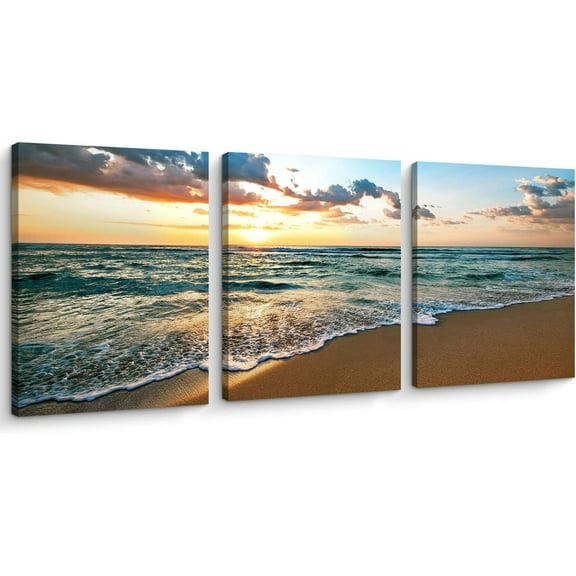 3 Pieces Beach Canvas Wall Art, Ocean Landscape Canvas Print Artwork Framed Set for Living Room, Bathroom (12x16 Inch x3pcs)…