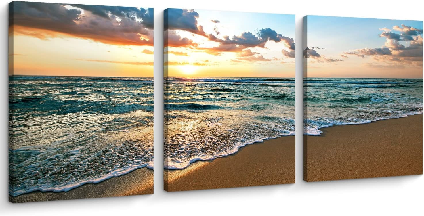 Sunset Beach Ocean Waves Canvas Wall Art Set