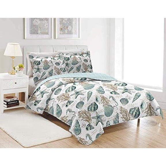 3 Pieces Beach Shell Bedspread Twin Size Ocean Theme Seashell Conch Summer Quilt Lightweight Thin Reversible Conch Shell Hippocampus Starfish Coral Printed Coverlet Set Coastal Bedding-Blue White