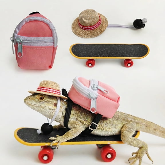 3 Pieces Bearded Dragon Accessories Set, Bearded Dragon Costume Clothes Lzard Toy Adjustable Hat Mini Backpack and Skateboard for Lizard Hamster Parrot Turtle Small Animals Cool Reptile pink