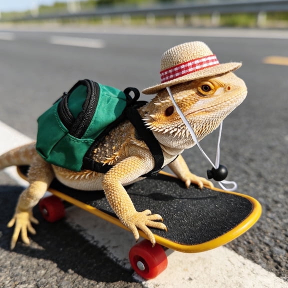 NX 3 Pieces Bearded Dragon Accessories Set, Bearded Dragon Costume Clothes Lzard Toy Adjustable Hat Mini Backpack and Skateboard for Lizard Hamster Parrot Turtle Small Animals Cool Reptile Green