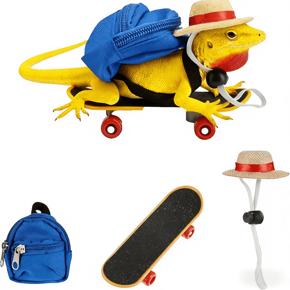 3 Pieces Bearded Dragon Accessories Set, Bearded Dragon Costume Clothes Lzard Toy Adjustable Hat Mini Backpack and Skateboard for Lizard Hamster Parrot Turtle Small Animals Cool Reptile blue