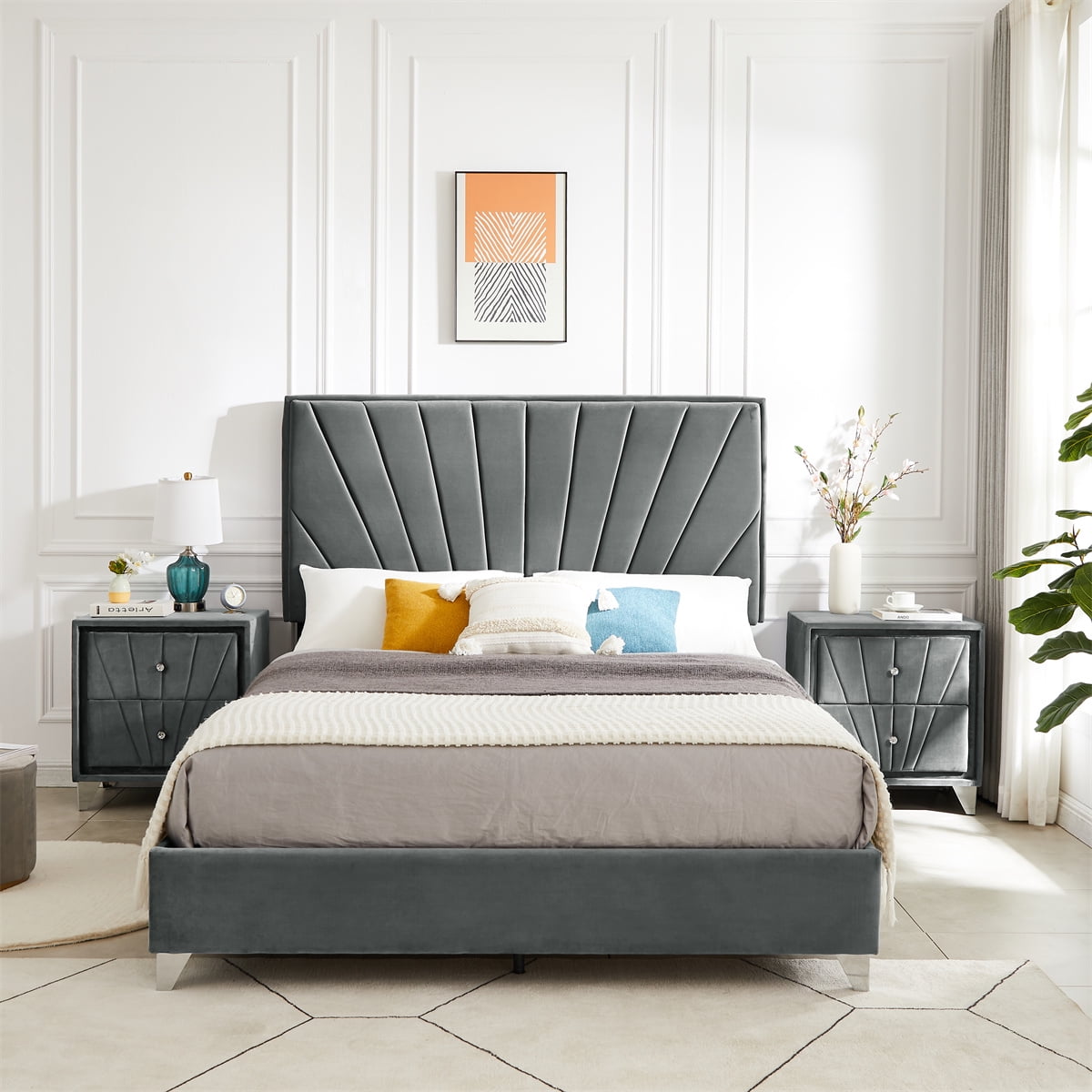 3 Pieces Bedroom Furniture Set,Full Upholstered Platform Bed Frame with 2  Nightstands,Velvet Platform Bed with Tufted Wingback Headboard and Wood  Slats Support for Bedroom,No Box Spring Needed,Gray - Walmart.com, image size:1200x1200