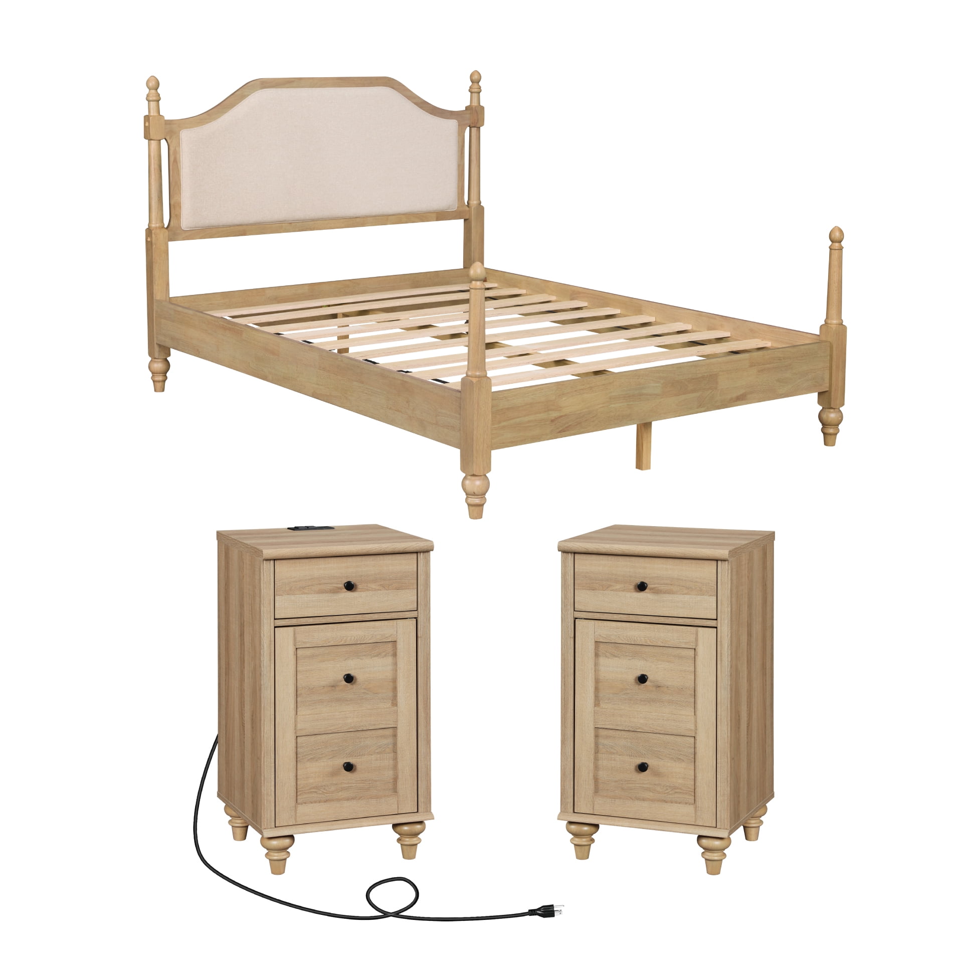 3 Pieces Bedroom Set, Queen Size Wood Platform Bed Frame with Upholstered Headboard & 2 Nightstands with Power Outlets & USB Ports, Modern Bedroom Furniture, Oak