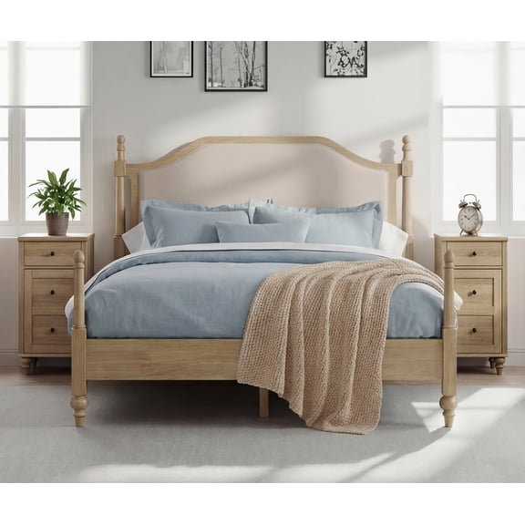 3 Pieces Bedroom Set, Queen Size Wood Platform Bed Frame with Upholstered Headboard & 2 Nightstands with Power Outlets & USB Ports, Modern Bedroom Furniture, Oak