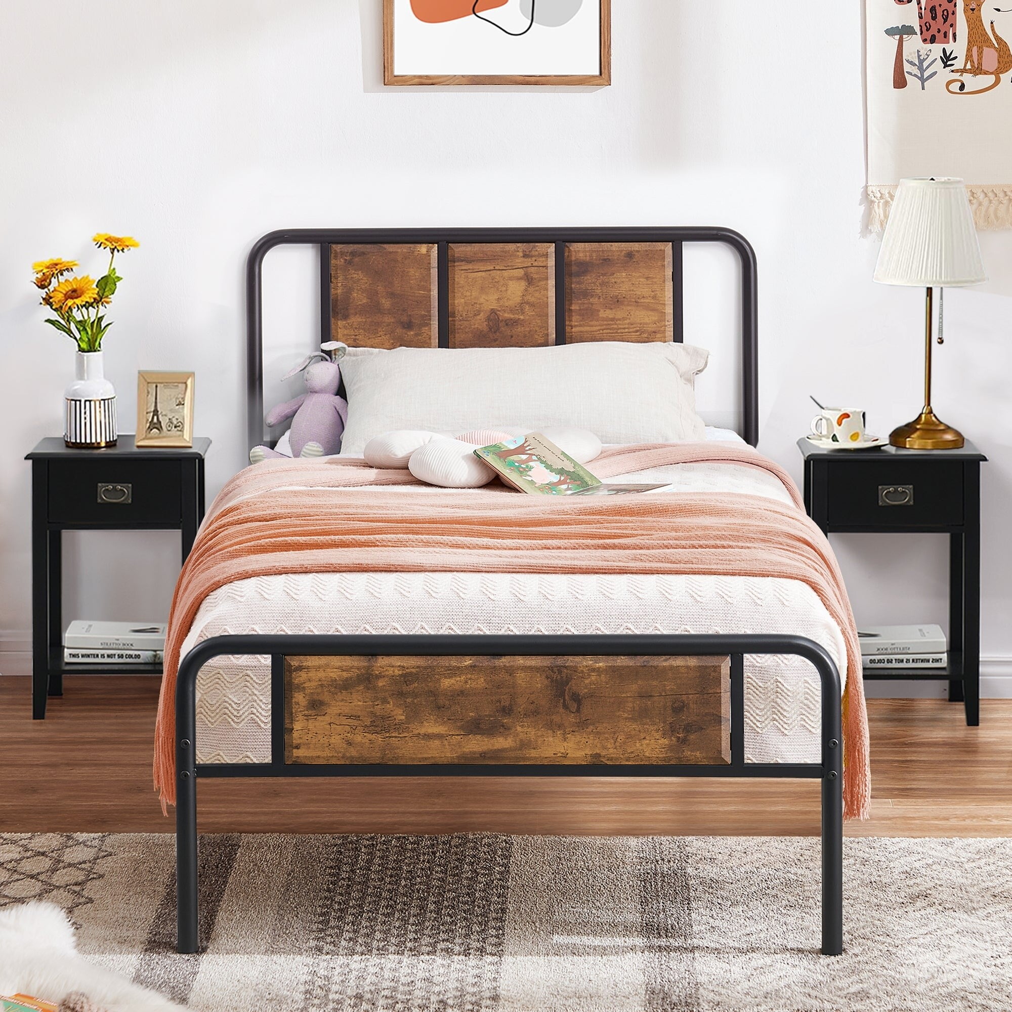 3-Pieces Bedroom Set Rustic Brown Platform Bed Frame and 1-Drawer Nightstands Set of 2 Black ...