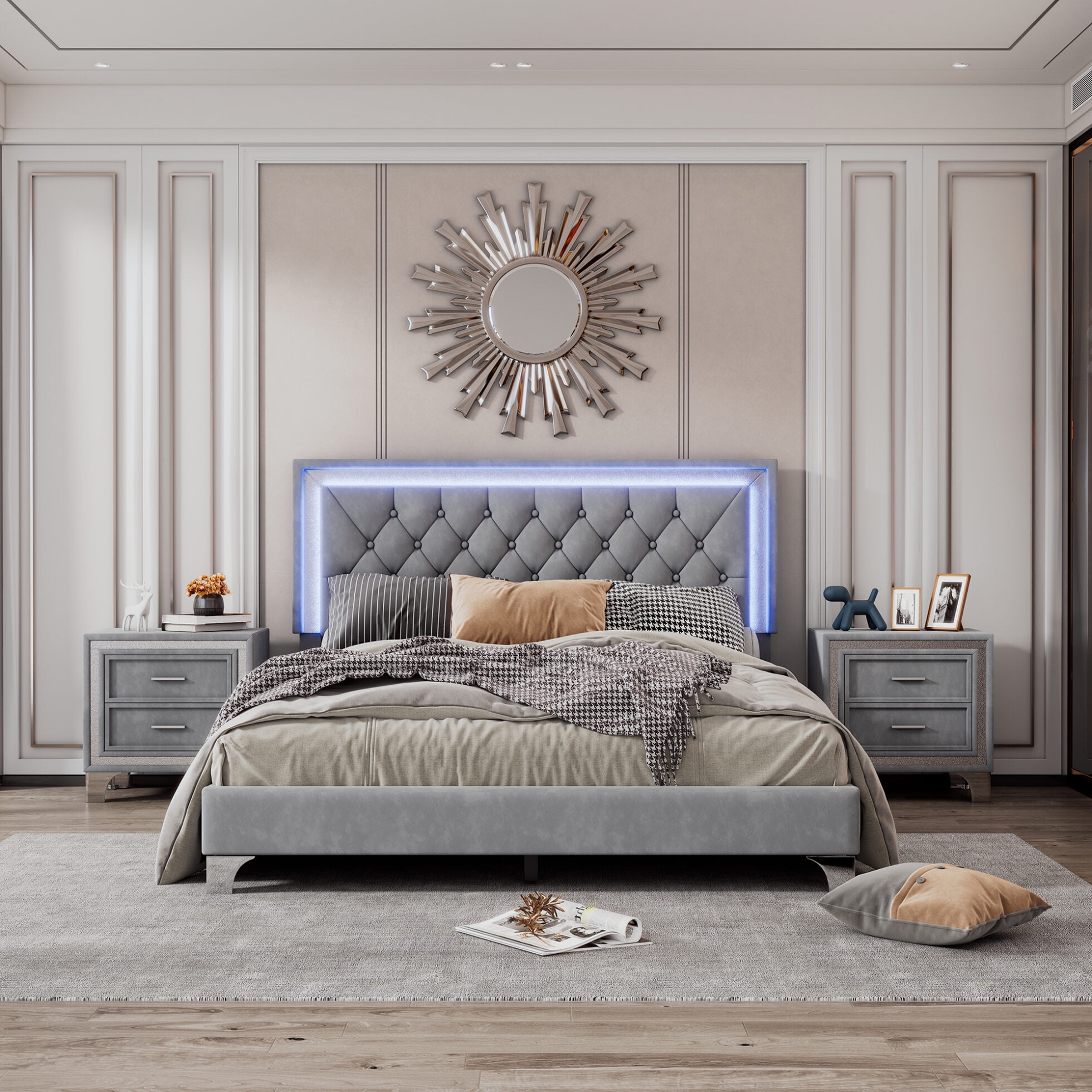 3 Pieces Bedroom Set, Upholstered Queen Bed and Two Velvet Nightstands ...