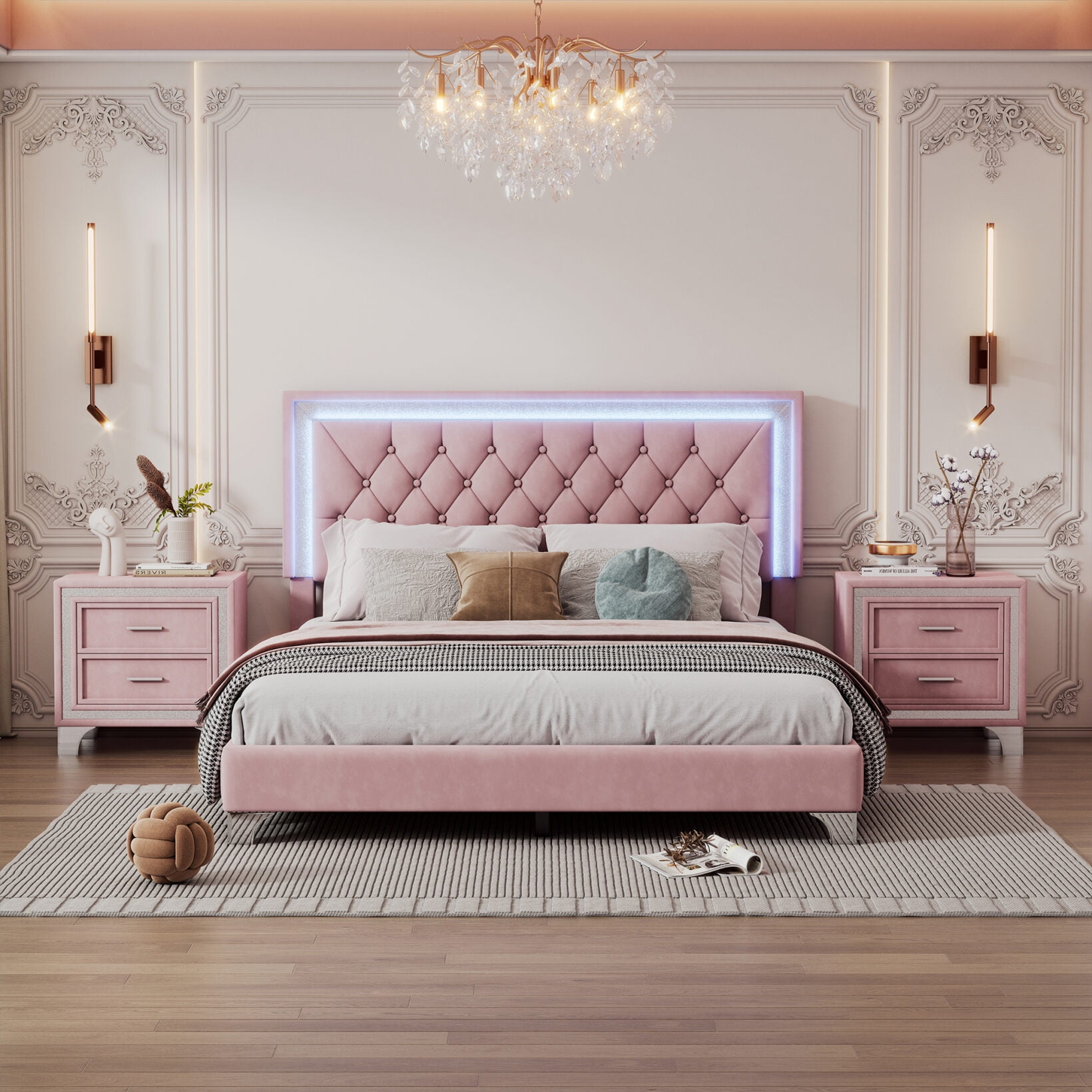 3 Pieces Bedroom Set, Upholstered Queen Bed and Two Velvet Nightstands ...