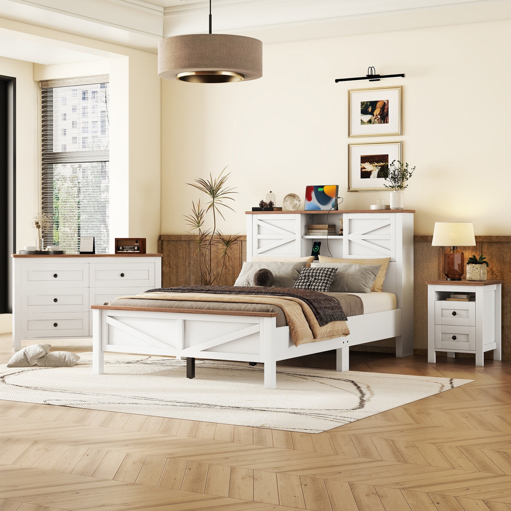 Full Size White and Brown Farmhouse 3-Piece Bedroom Set with Storage