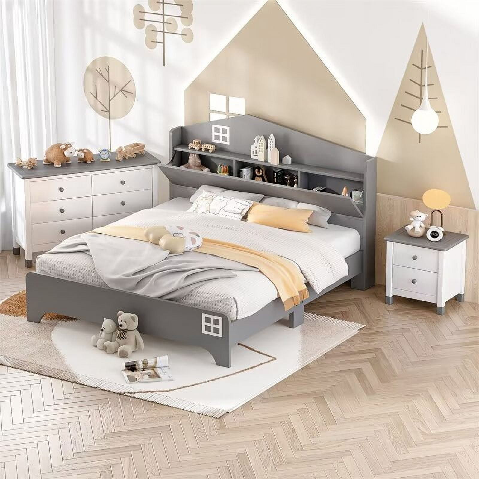 3-Pieces Bedroom Sets, Full Size House Bed with Storage Headboard ...