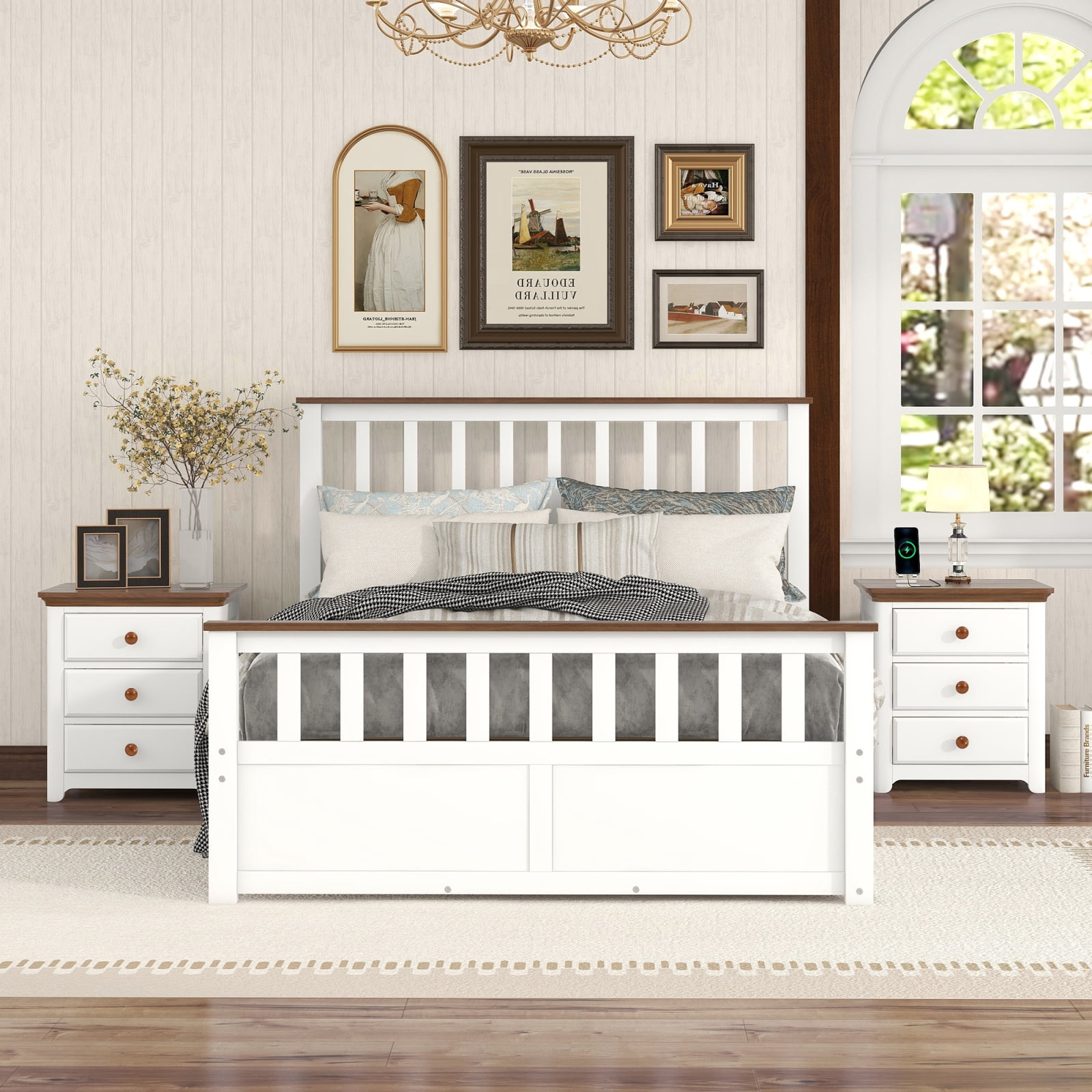 3-Pieces Bedroom Sets Full Size Platform Bed with Two Nightstands(USB ...
