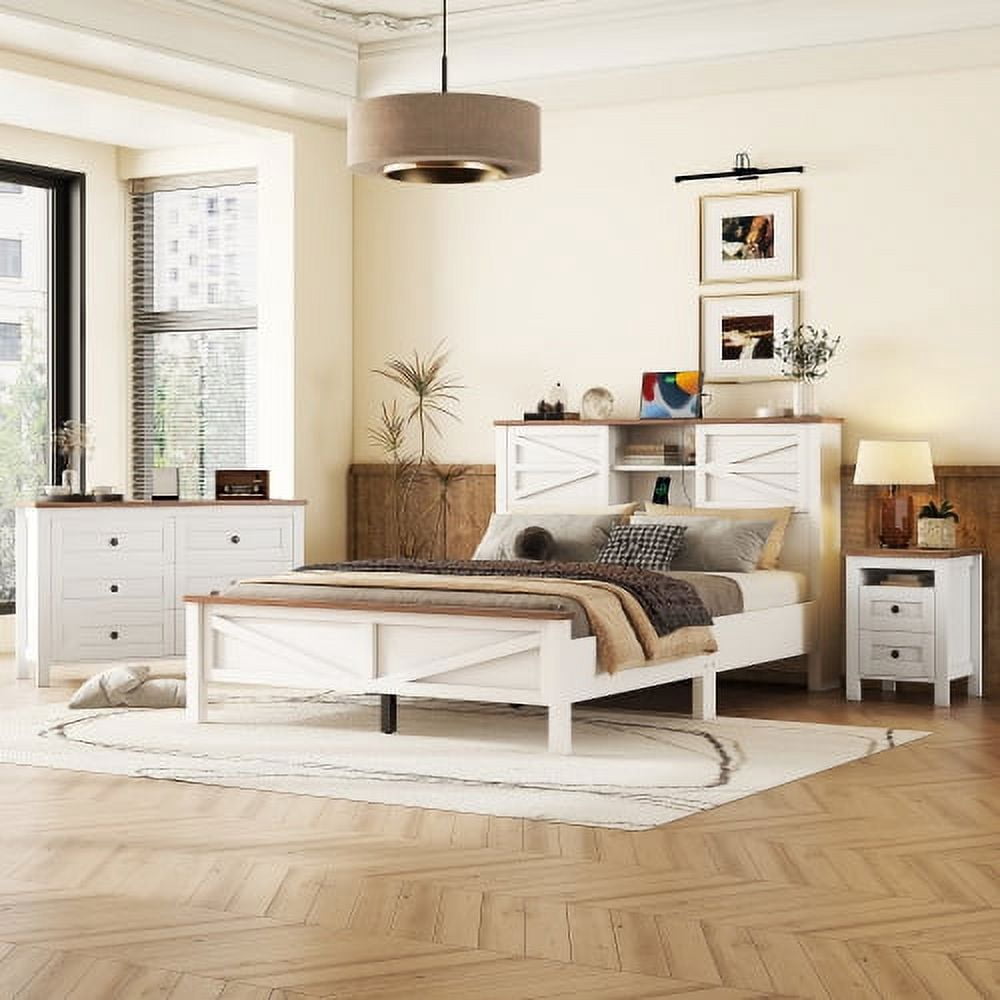 3-Pieces Bedroom Sets Queen Size Farmhouse Platform Bed with Double ...
