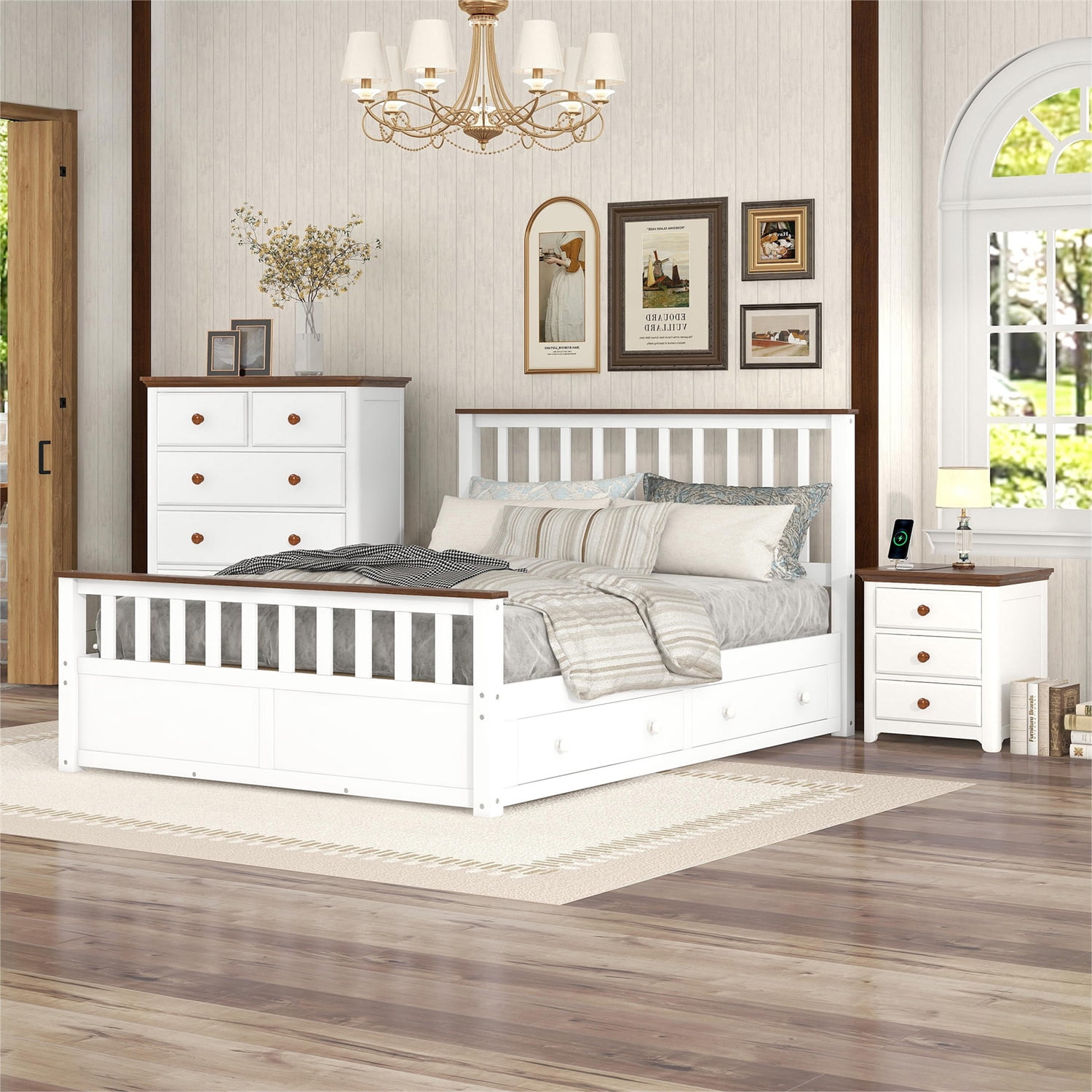 3-Pieces Bedroom Sets, Queen Size Platform Bed with Nightstand(USB ...