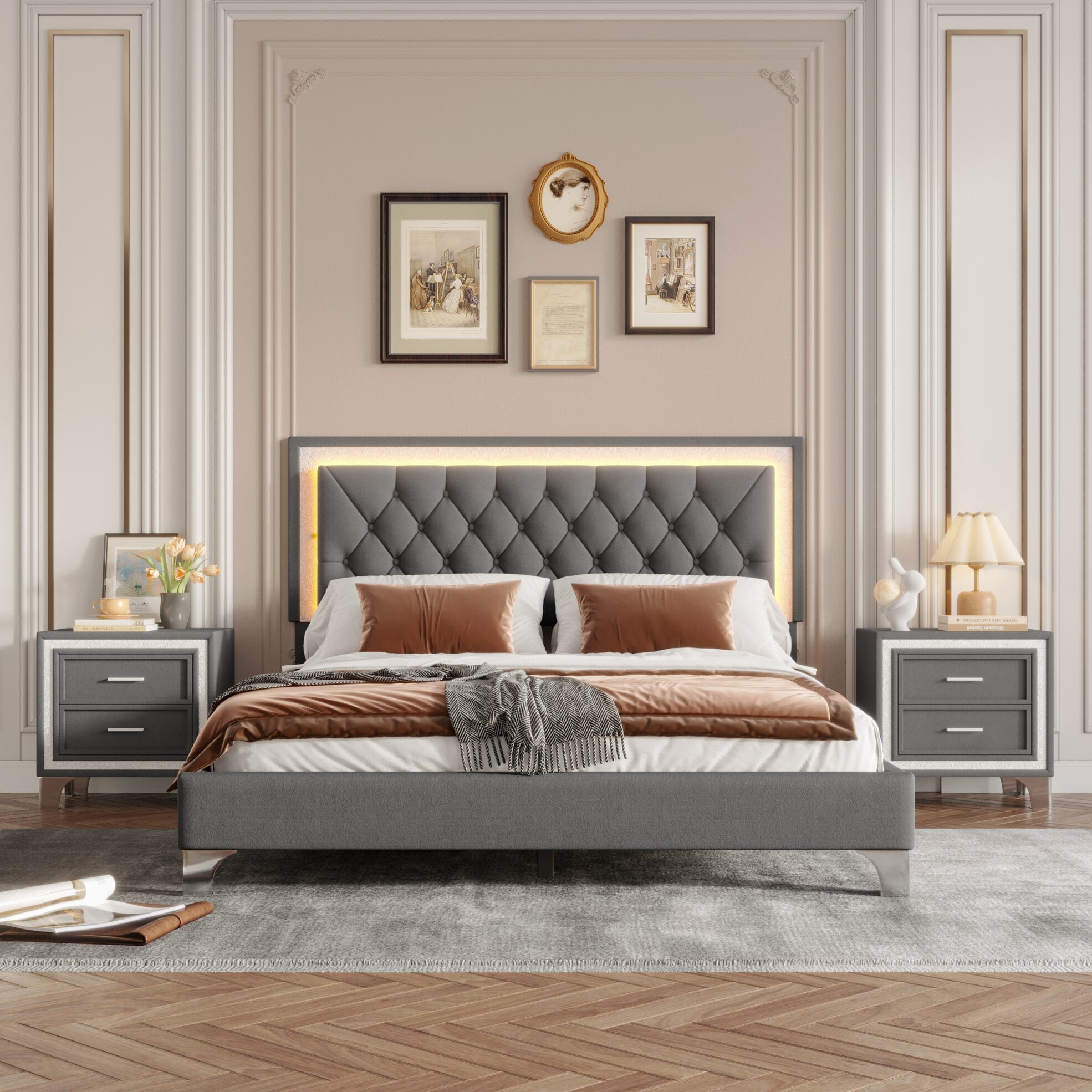 3-Pieces Bedroom Sets, Queen Size Upholstered Platform Bed with LED Lights Headboard and Two Nightstands for Living Room, Gray